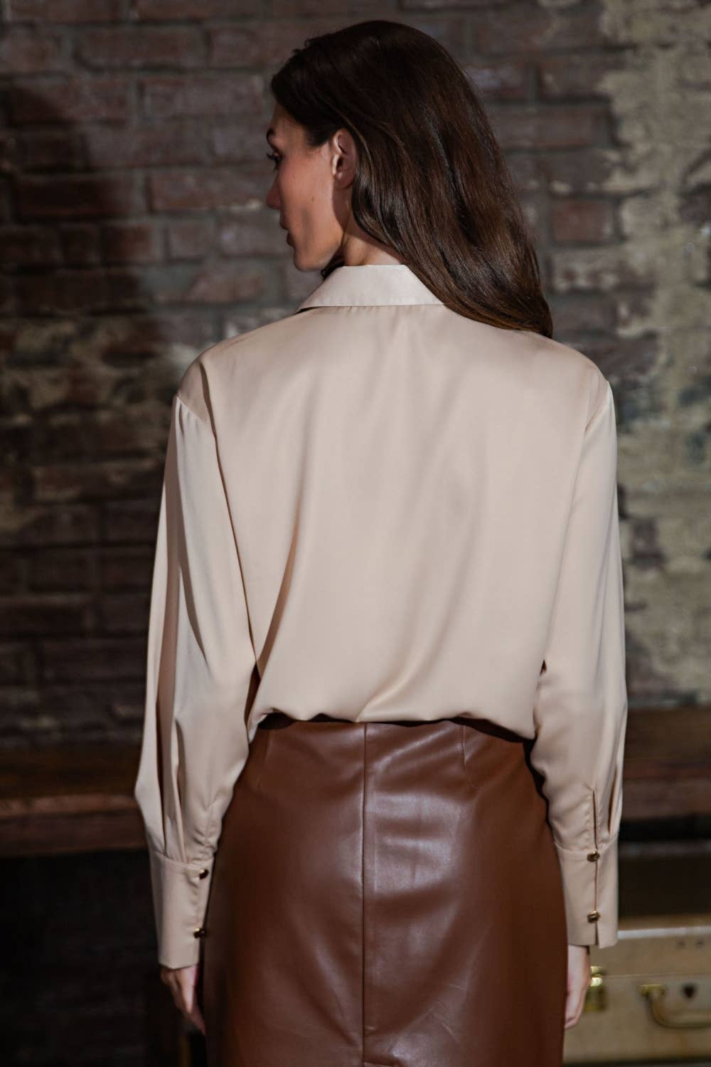 Camel Stretch Satin Collared Shirt for wholesale on Faire7