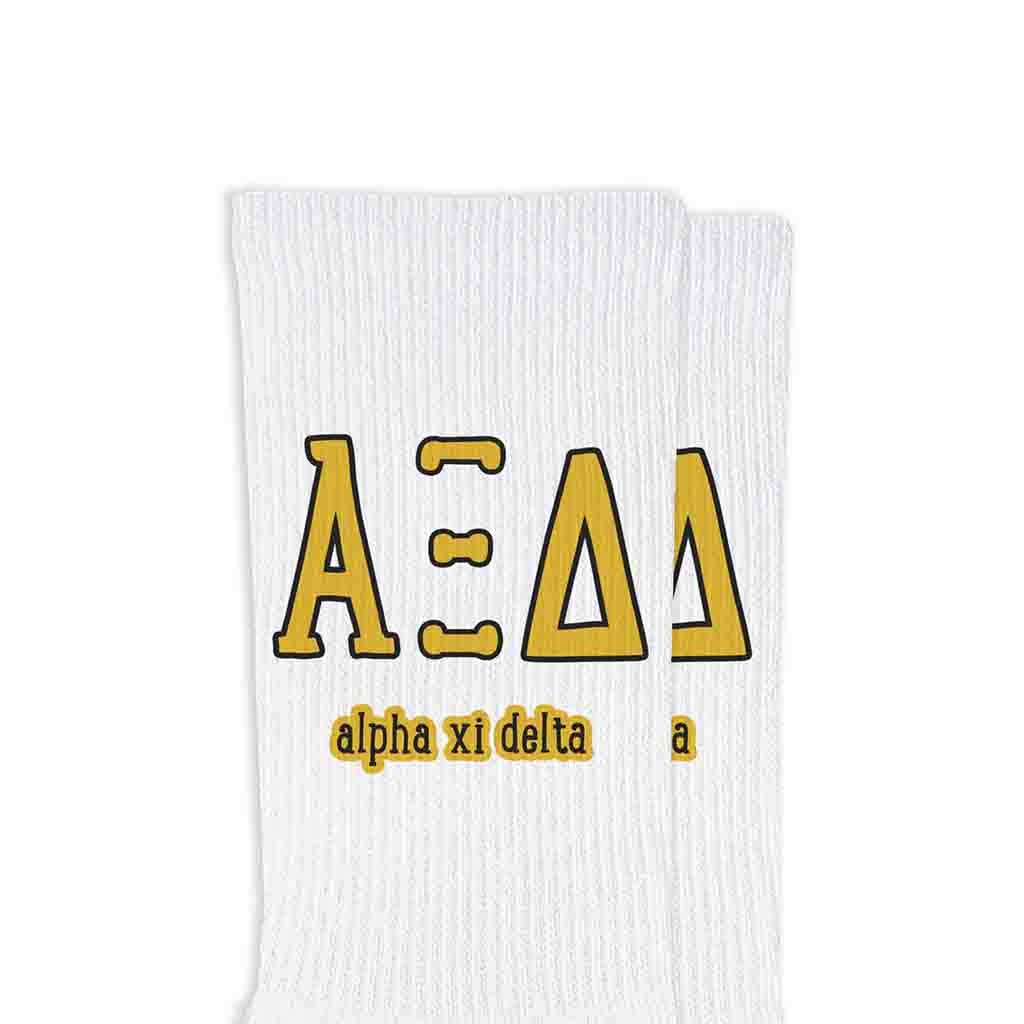 White Sorority Crew Socks with Name and Letters in Sorority Colors for wholesale on Faire8