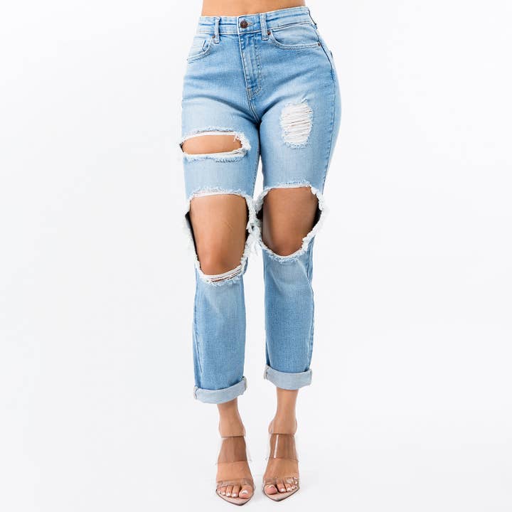 American Bazi - Wholesale Jeans - Women's - HIGH WAIST CUT OUT BOYFRIEND JEANS-ABH7036