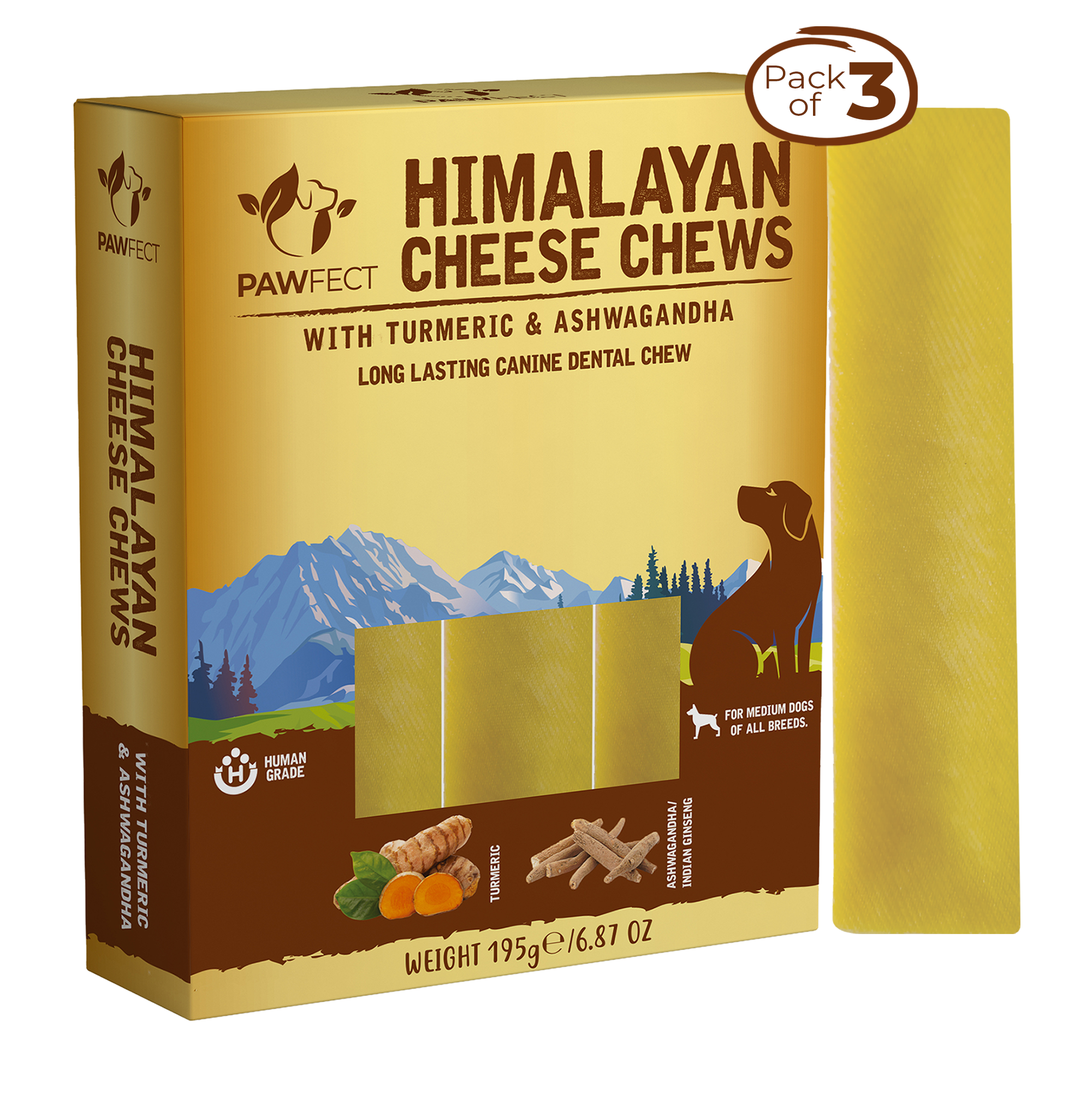 Pawfect Foods - Vente Friandises – chien - Friandises au fromage de l'Himalaya Pawfect avec curcuma et ashwagandha pour chiens|Bâtonnet dentaire 100% naturel|Nettoie les dents|Aide à éliminer la plaque et le tartre|Sans céréales|Mâche longue durée|Lot de 30