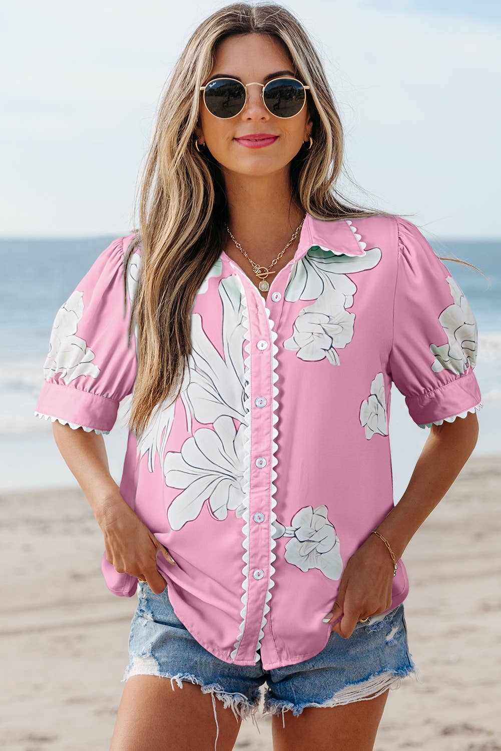 Aapparella - Vente Chemise à col boutonné – femme - Haut à boutons avec manches bouffantes et bordure en croquet floral | S-XL7