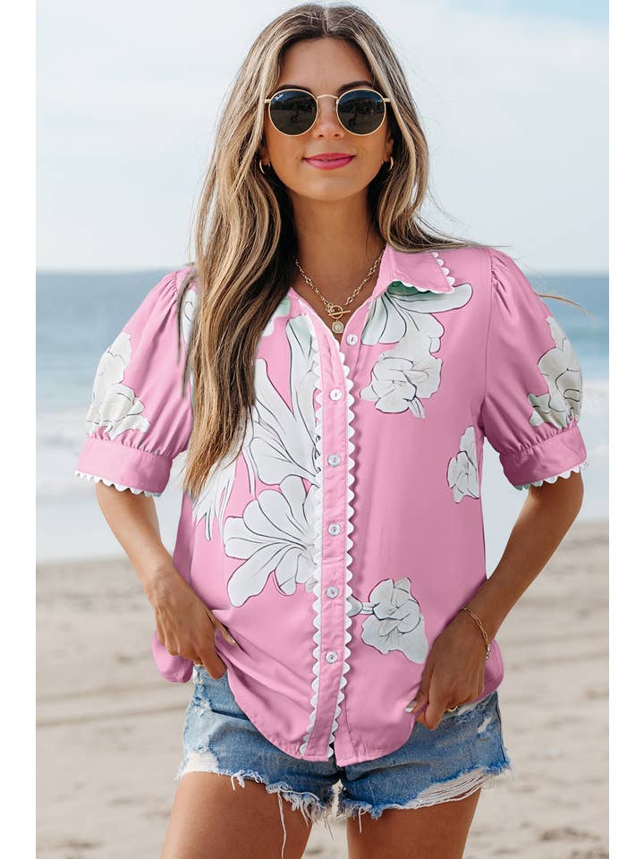 Aapparella - Vente Chemise à col boutonné – femme - Haut à boutons avec manches bouffantes et bordure en croquet floral | S-XL7