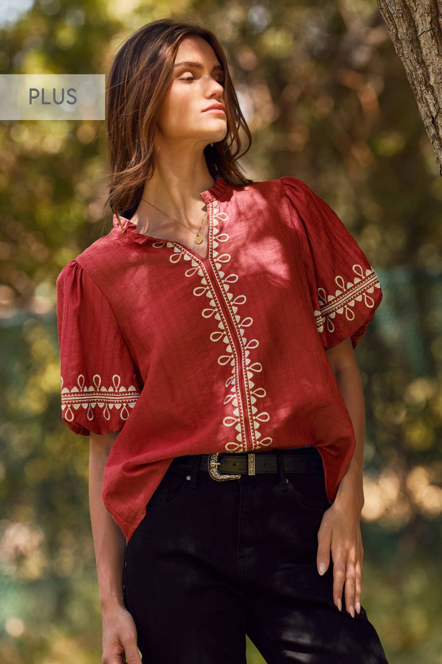 Oddi - Wholesale Blouse - Women's - Plus Solid Embroidered Short Bubble Sleeve Blouse5