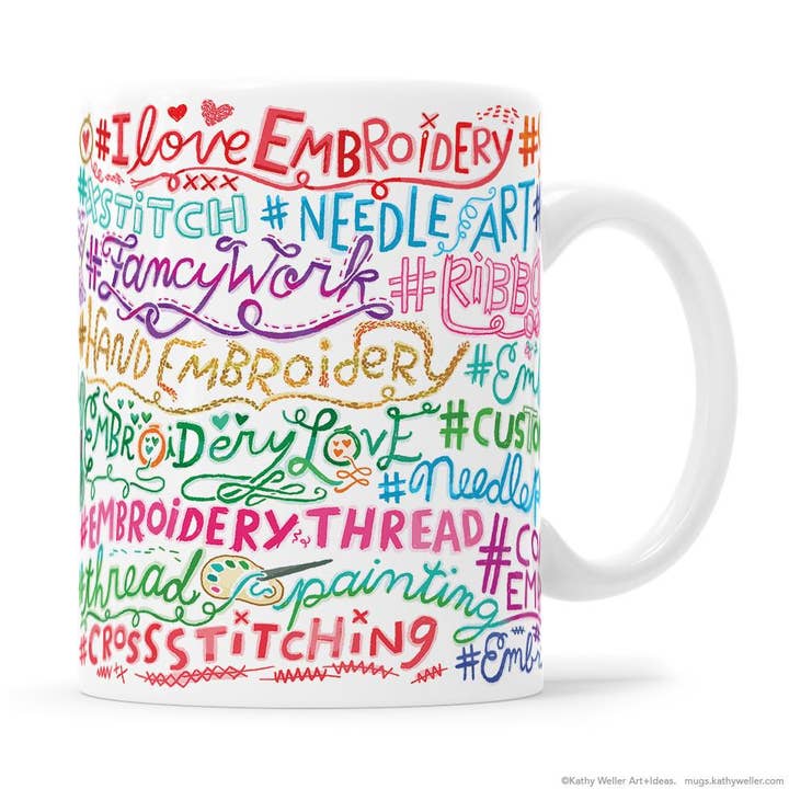 Embroidery Hashtag Instagram Mug for wholesale by Kathy Weller Art+Ideas