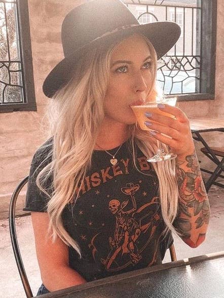Country Deep Apparel - Wholesale Screen Printed T-Shirt - Women's - Whiskey Bent hellbound regular Cropped Acid wash T-shirt
