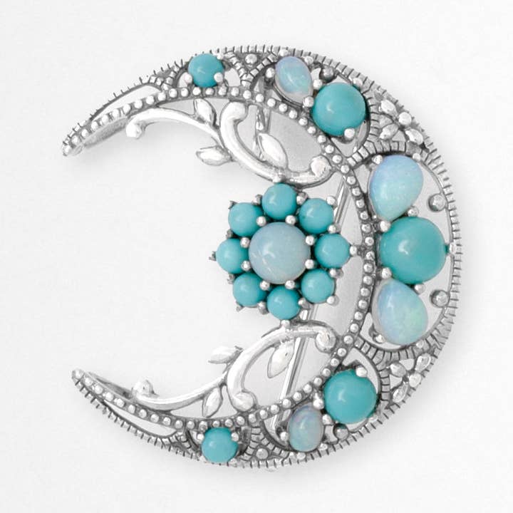 Pendentif vintage en argent sterling avec pendentif en forme de lune et d'opale en filigrane de turquoise pour la vente par Griffin Vintage