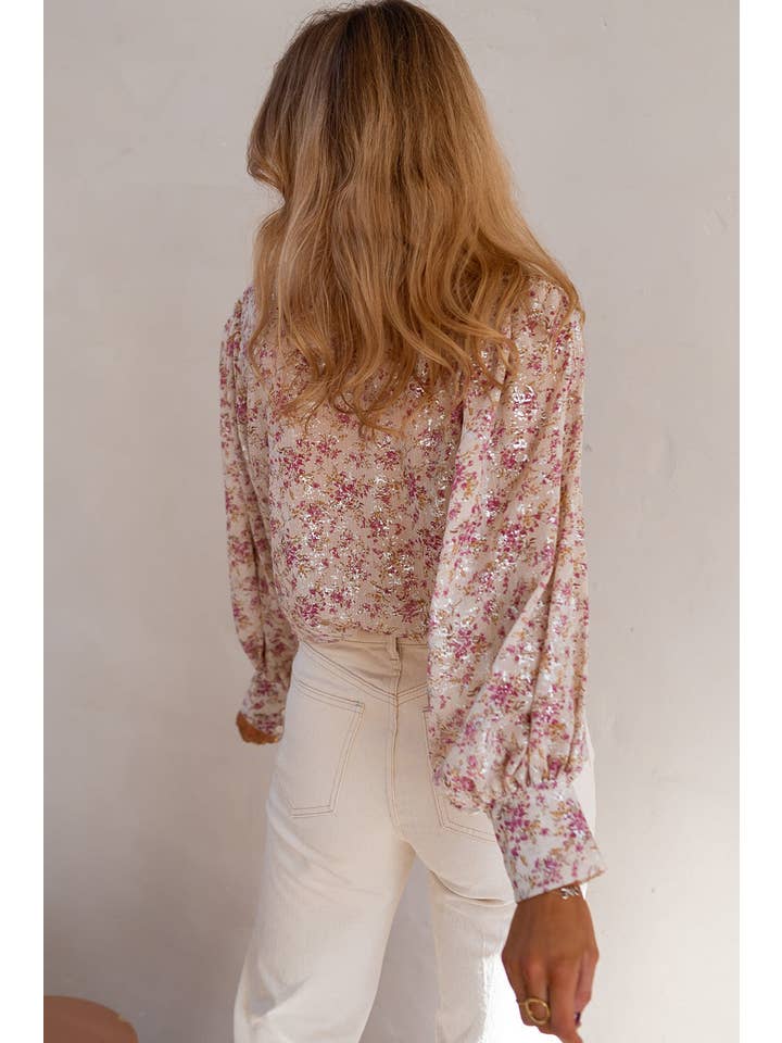 Pink Bishop Sleeve Collared V Neck Shirt for wholesale on Faire