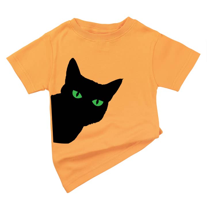 Spunky Stork – wholesale T-shirt med screentryck – Barn – Svart katt gröna ögon spökig Halloween barn barn skjorta
