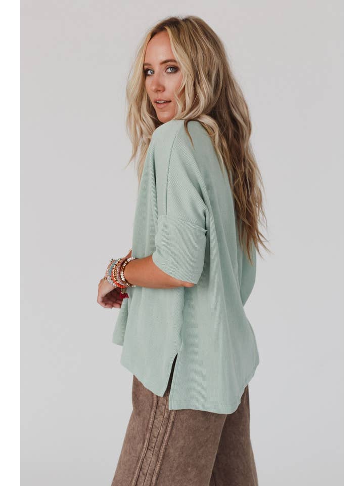 Three Bird Nest - Wholesale Knit Top - Women's - On The Go V Neck Ribbed Essential Tee - Sage