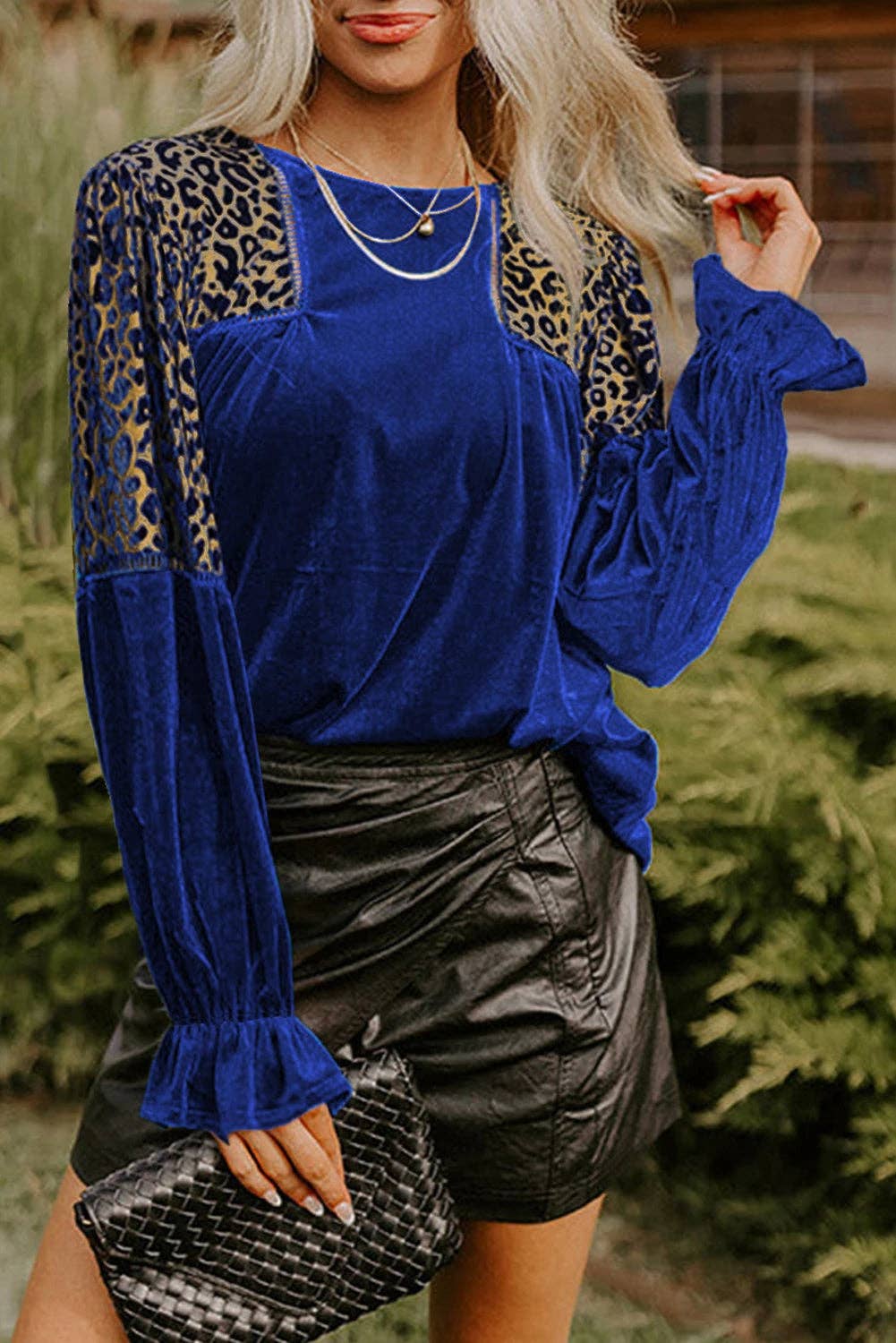 Sky Blue Leopard Patchwork Shoulder Flounce Sleeve Velvet Blouse for wholesale on Faire1
