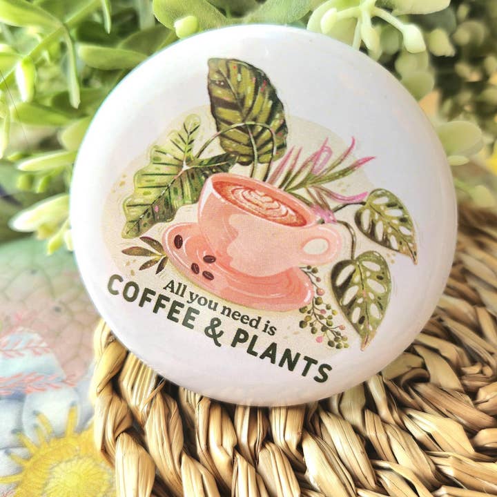 Coffee and Plants 5cm Botanical Lover Button Badge for wholesale by Anna Cheng Design
