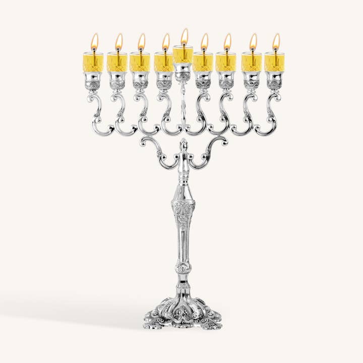 Oil Menorah - 16.5 Inches - Silver Plated for wholesale by Ner Mitzvah