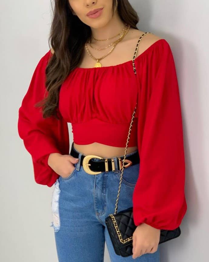 HIDDENBRAND - Wholesale Blouse - Women's - Crop Top Balloon Sleeve Straight-Neck Shirt15
