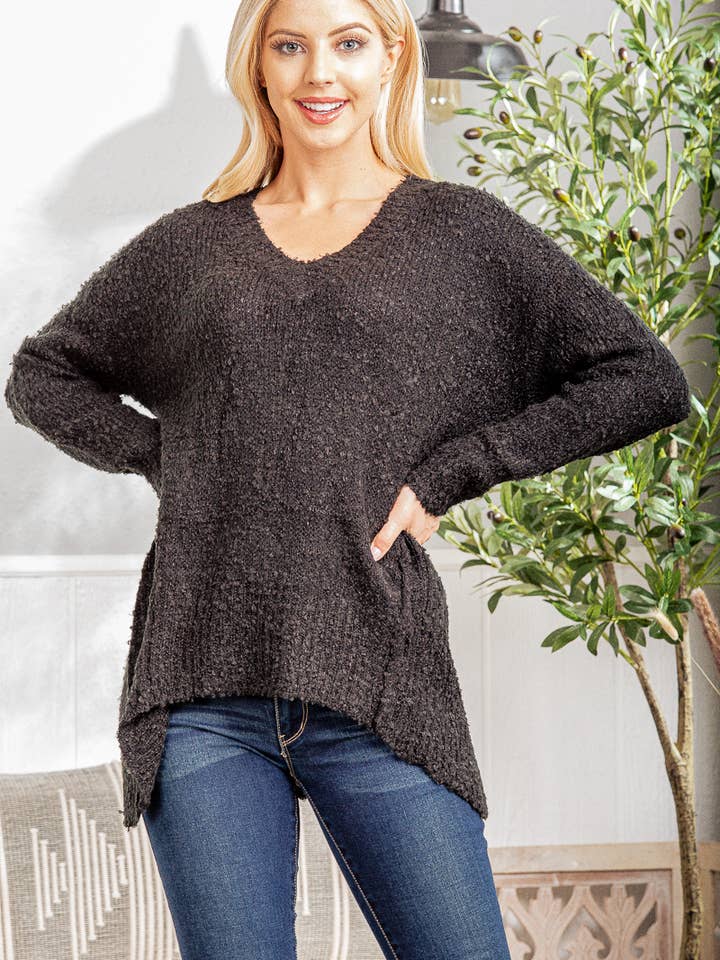 SOLID SWEATER TOP WITH SLIT AND DRAPED for wholesale by Pink Irene Wholesale