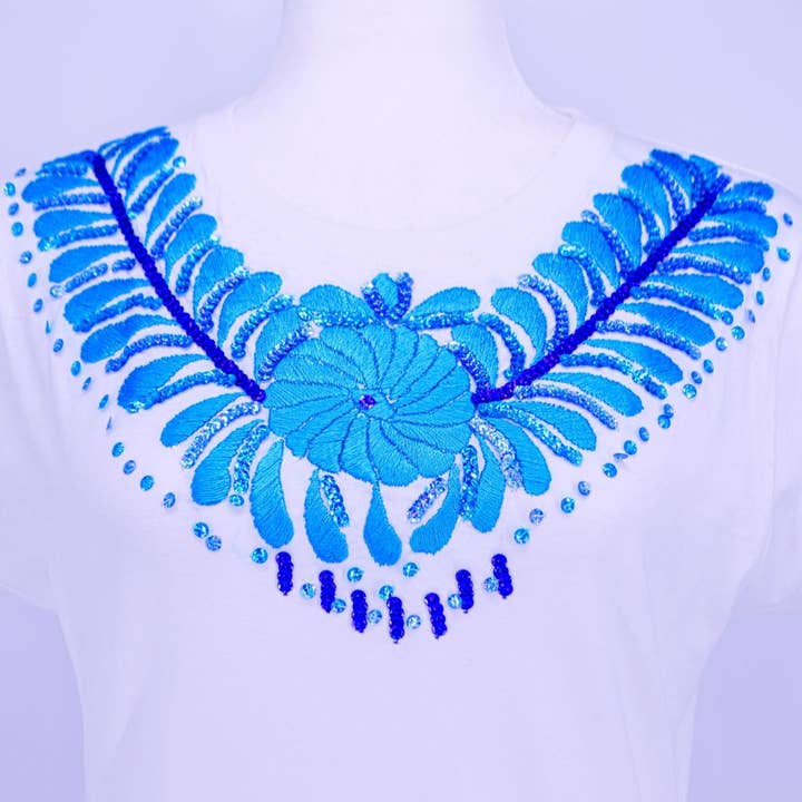 Hand Embroidered T- Shirt -White- Turquoise and Blue for wholesale by My Little Maria