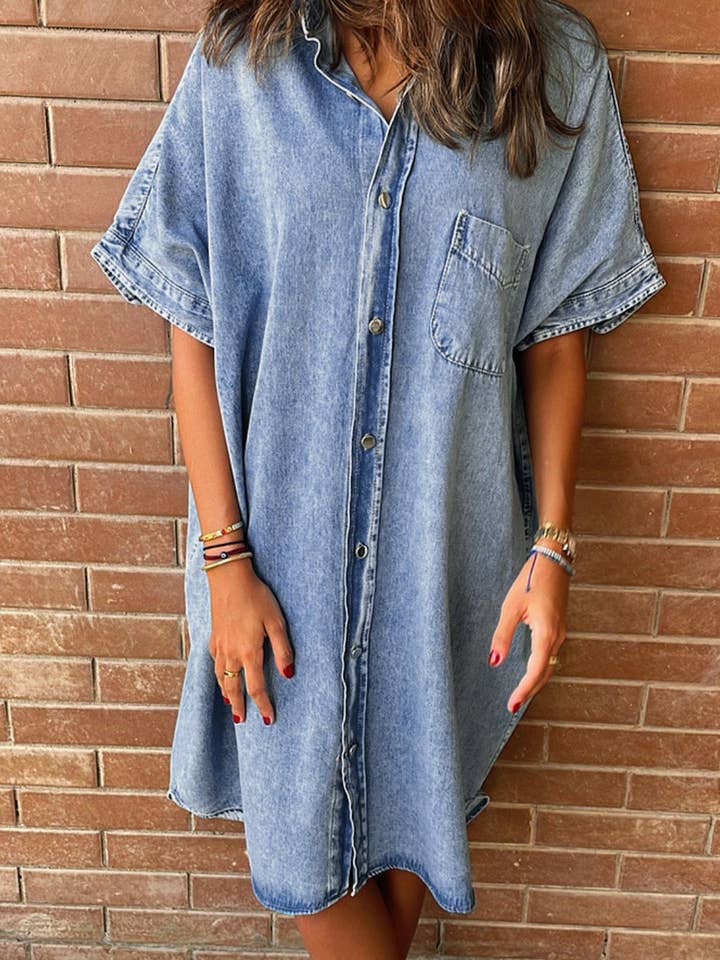 Light Blue Loose Medium Wash Chambray Dress with Short Sleeves for wholesale on Faire5