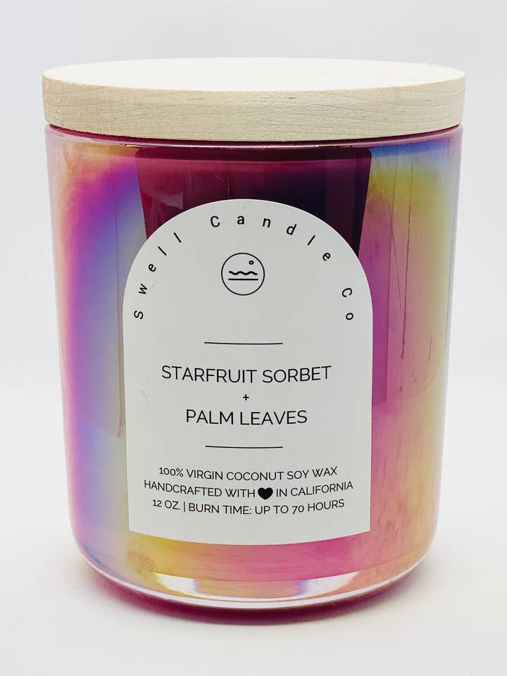 Starfruit Sorbet + Palm Leaves Coconut Soy Candle with Wooden Wick for wholesale by Swell Candle Co