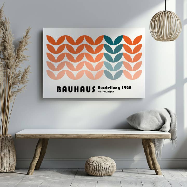 Abstract Bauhaus 1928 Orange & Teal Geometric Shapes - Framed Canvas Wall Art Print for wholesale by House Prints