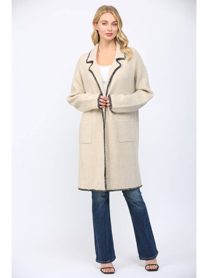 OATMEAL CONTRAST WHIPSTITCH DETAIL NOTCHED COLLAR CW90457 for wholesale on Faire2