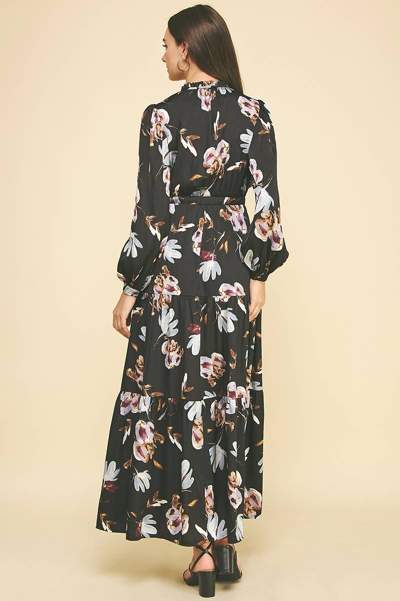 BLACK MULTI FLORAL LONG SLEEVE TIERED MAXI DRESS - 6170D for wholesale on Faire5