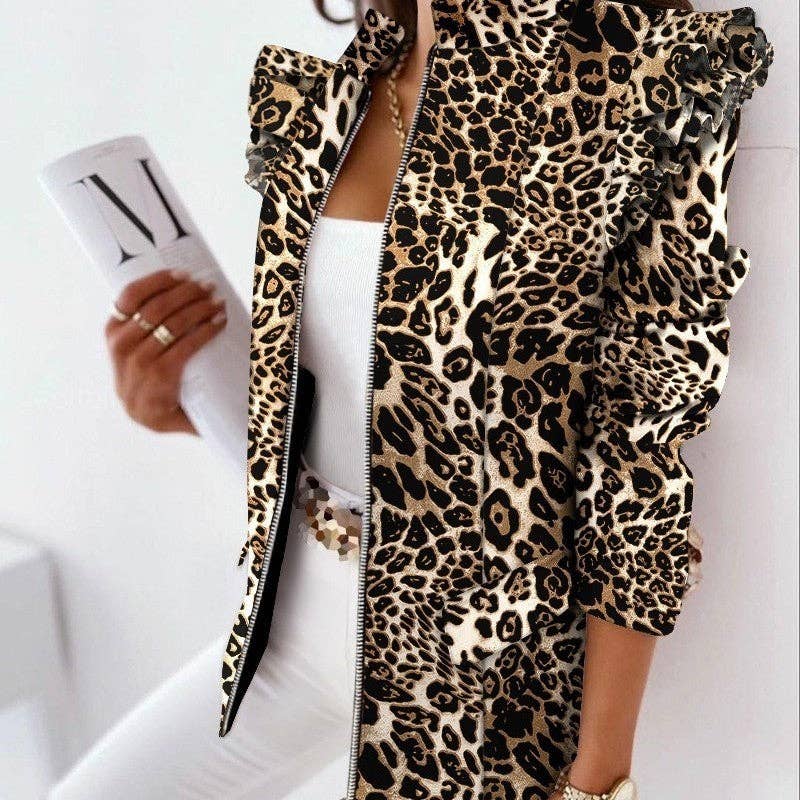 Ekartini - Wholesale Shirt Jacket/Shacket - Women's - Ruffled Long-Sleeved Stand Collar Zipper Print Shacket11