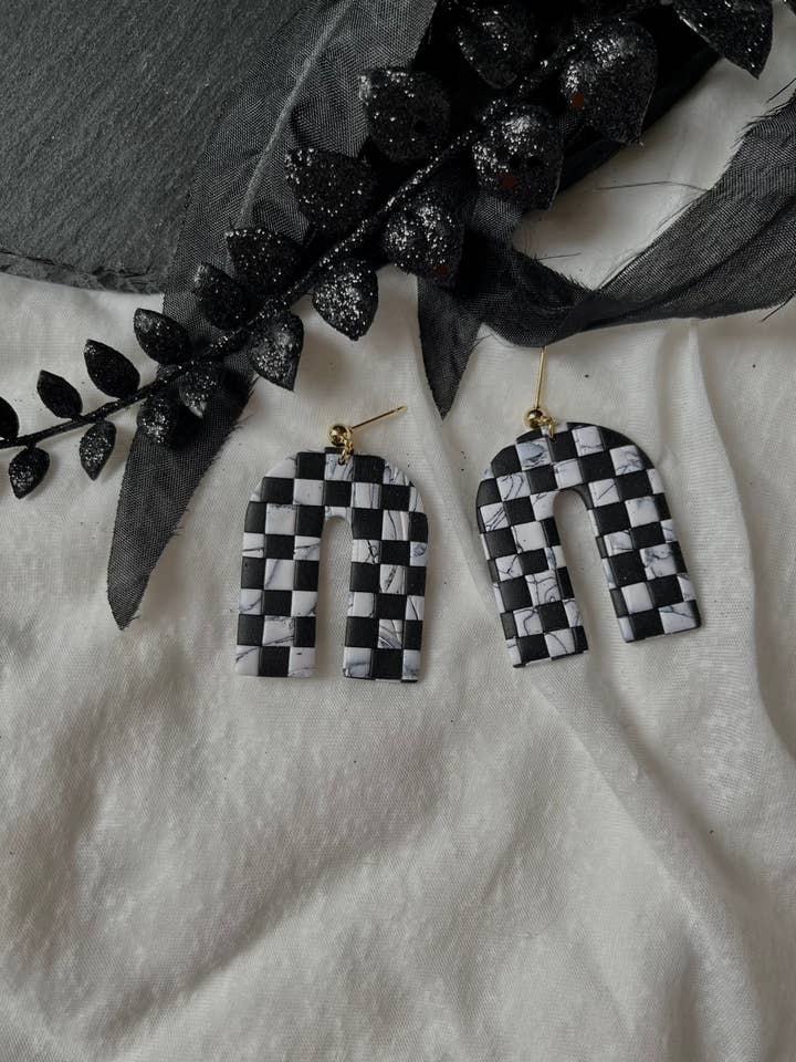 Black and White Checkered Polymer Clay Earrings for wholesale by Clay + Clover Earring Co.