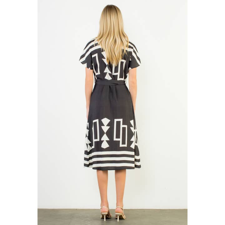 BLACK Short Sleeve Print Button Up Dress for wholesale on Faire4