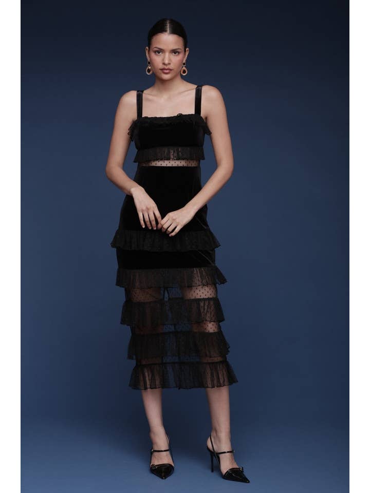Black Velvet & Tulle Tiered Midi Dress for wholesale on Faire0