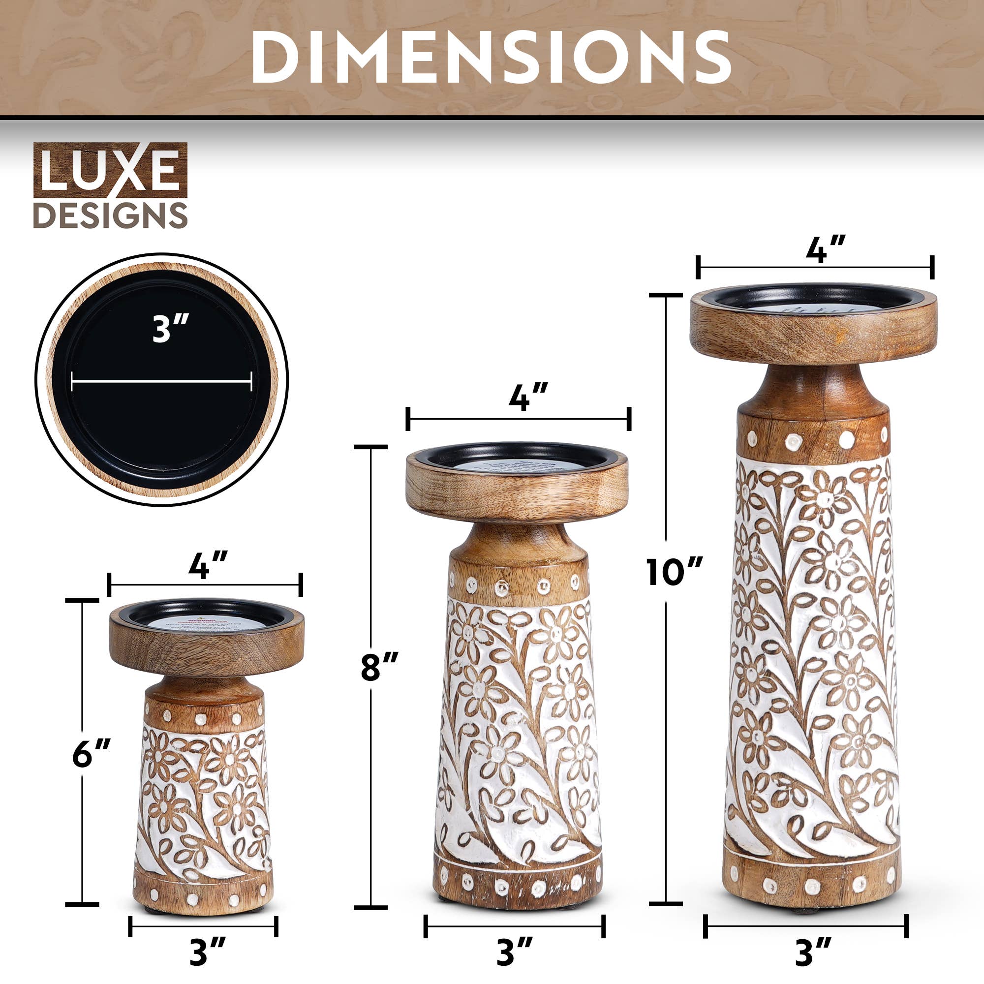 LuxeDesigns Co LLC - Wholesale Candle Holder - Artisan Hand Carved Crafted Thick Wood Candle Holders 3 Pcs2
