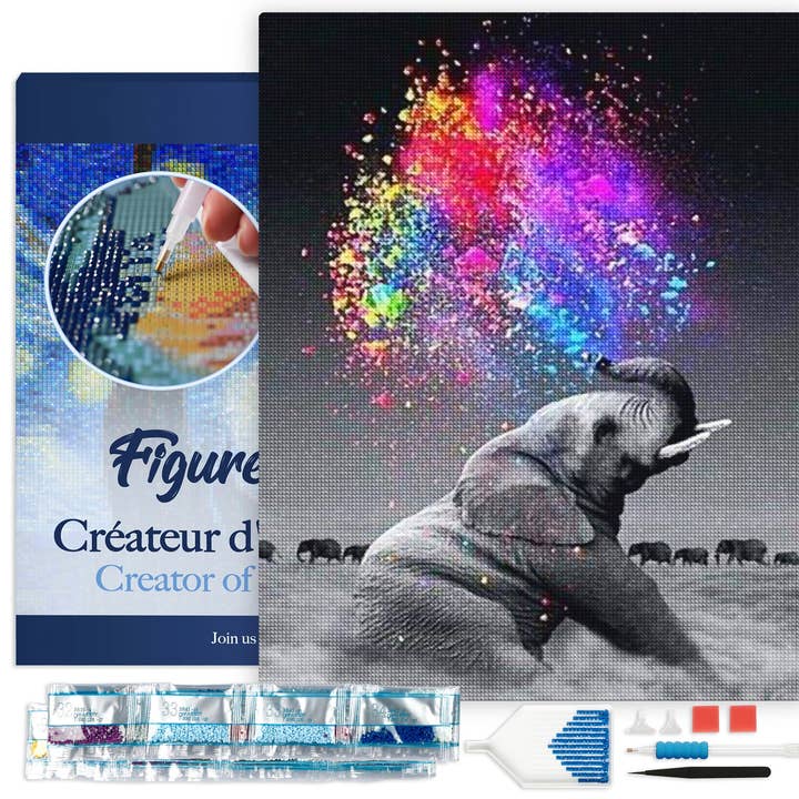Pintura de Diamante - Elefante e Cores 40x50cm tela emoldurada por atacado de Figured'Art