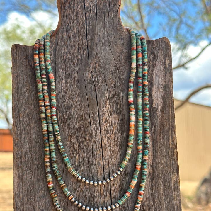 Nizhonitradersllc - Wholesale Beaded/Pearl Necklace - Navajo Kingman Turquoise & Spiny Sterling Silver 5mm Beaded Necklace0