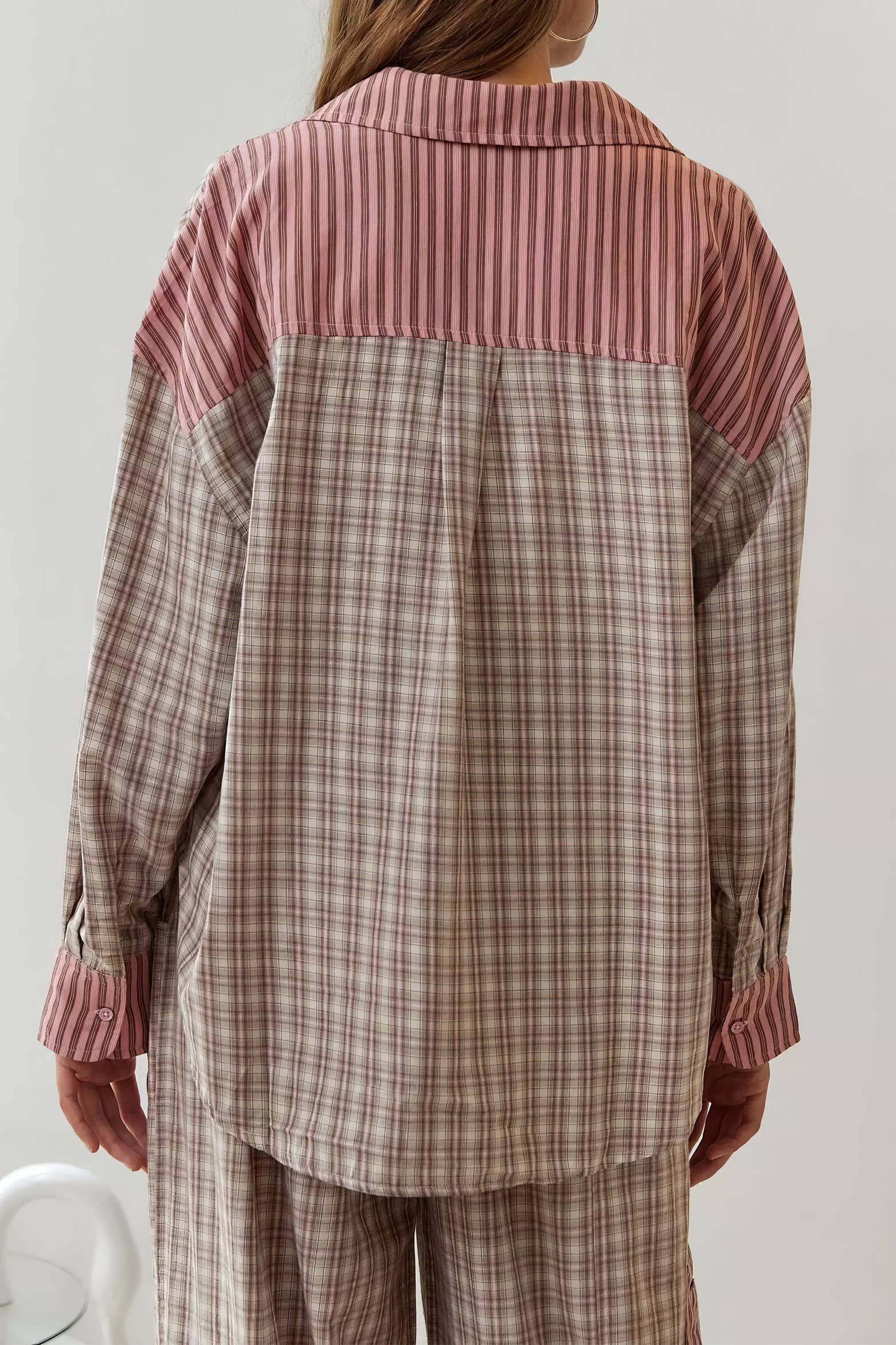 Rosa Clothing - Wholesale Sleepwear Set - Women's - Pink plaid patchwork loose pajama set5