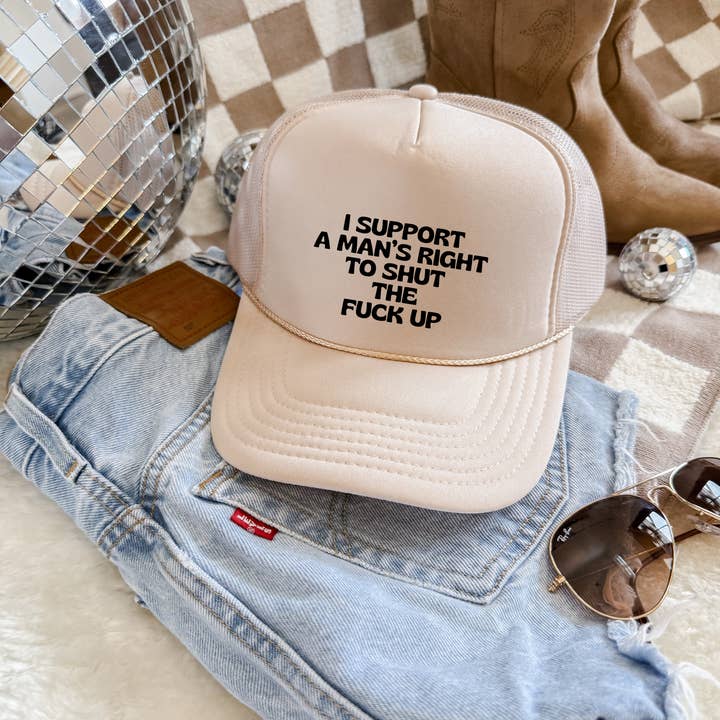 Shut The Fk Up Hat – Feminist Beige Trucker Snapback for wholesale by The Boho Haus