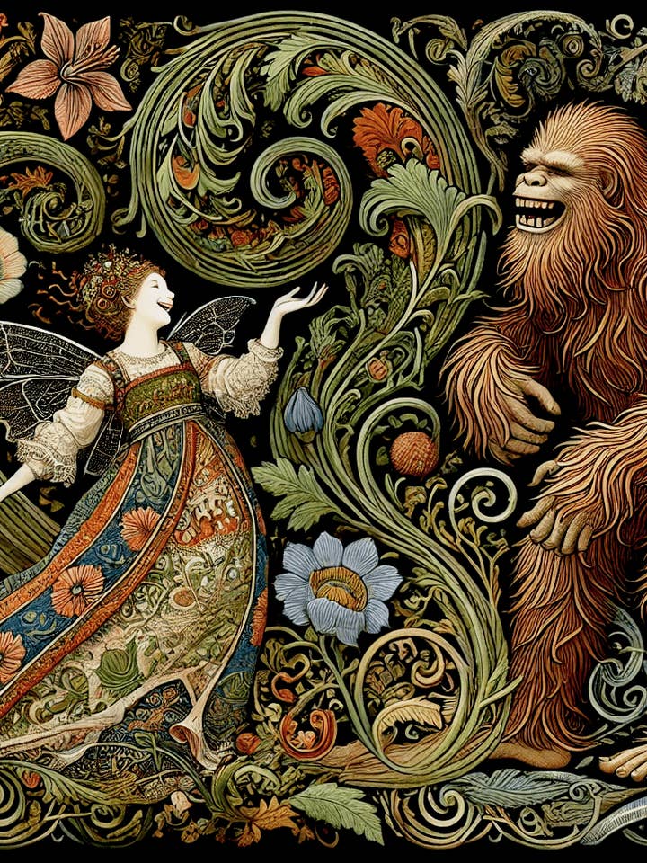 Fairy Tells Bigfoot a Joke - Bigfoot Art Prints – 8″x8″ Artwork in 12″x12″ Mat for wholesale by Mowbi