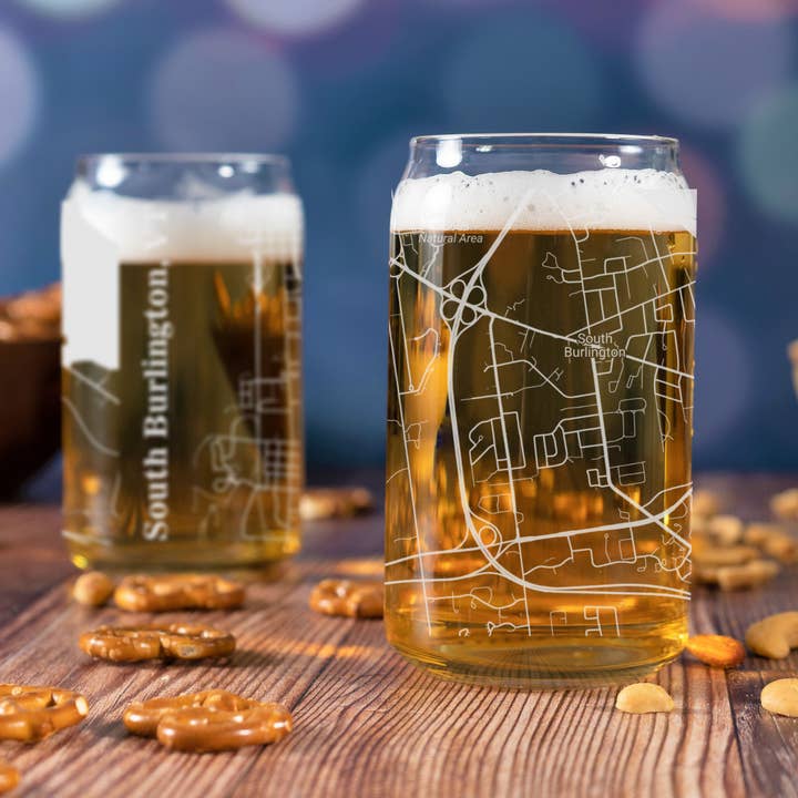 Blue Ridge Mountain Gifts - Wholesale Beer Glass/Mug - South Burlington VT - Street Map - Engraved Beer Can Glass