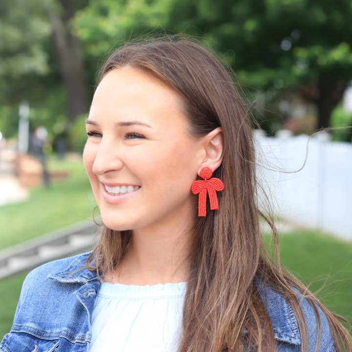Custom Red Beaded Bow Earrings | Bow Drop for wholesale by Pierce + Hide