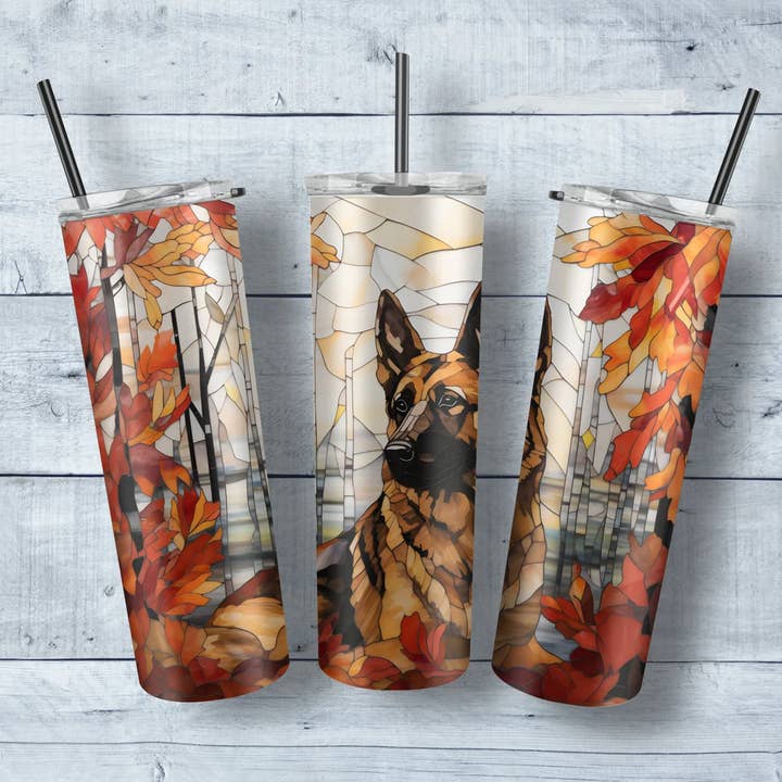 Copo de outono com vitrais German Shepherd | 20 oz skinny in por atacado de Full Moon Arts & More