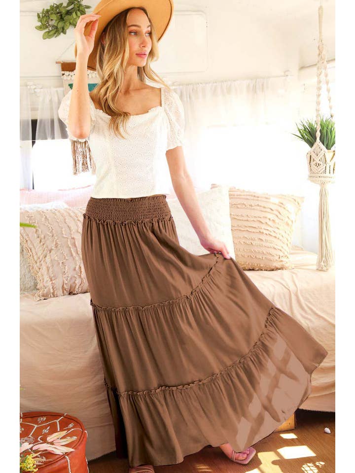 Vine & Love - Wholesale Skirt - Women's - Smocked Waisted Flowy Tiered Boho Maxi Skirts VS730537