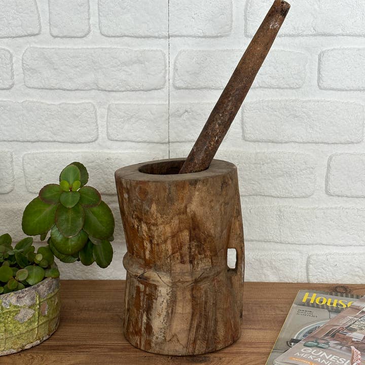 Rustic Remnents - Wholesale Mortar & Pestle - Antique Wood Mortar and Pestle, Large Heavy Solid Mortar
