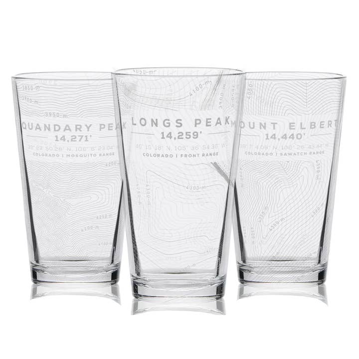 Verres à bière topographiques gravés COLORADO 14ers de 16 oz pour la vente par LumEngrave