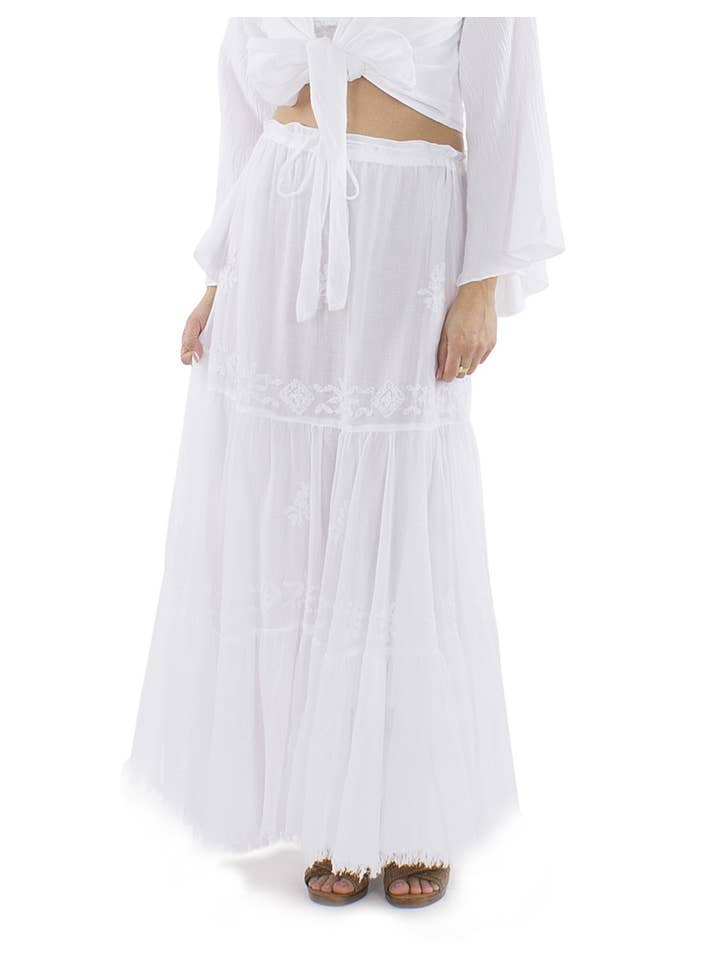 bianco Gonna lunga da donna Coline con ricami e frange in vendita all'ingrosso su Faire