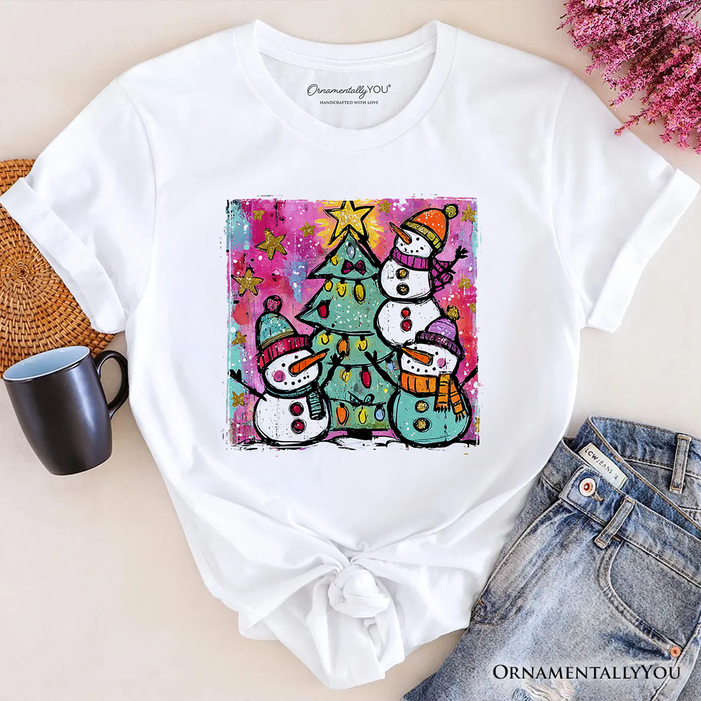 OrnamentallyYou - Vente T-shirt sérigraphié – femme - T-shirt Arbre de Noël Bonhommes de Neige Aquarelle, Vacances Vintage0
