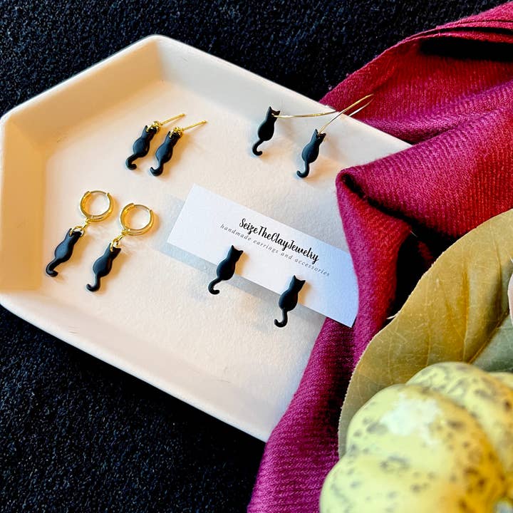 SeizeTheClayJewelry - Wholesale Dangle Earrings - Black Cat Earrings, Black Cat Huggies, Cat Clay Earrings