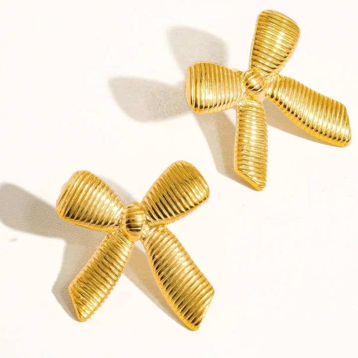 Ribbon (rib) Bow Stud Earrings- 14K Gold Steel for wholesale on Faire