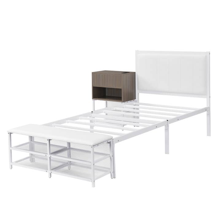 White Twin Metal Platform Bed with Storage Shelves & Cabinet for wholesale on Faire4