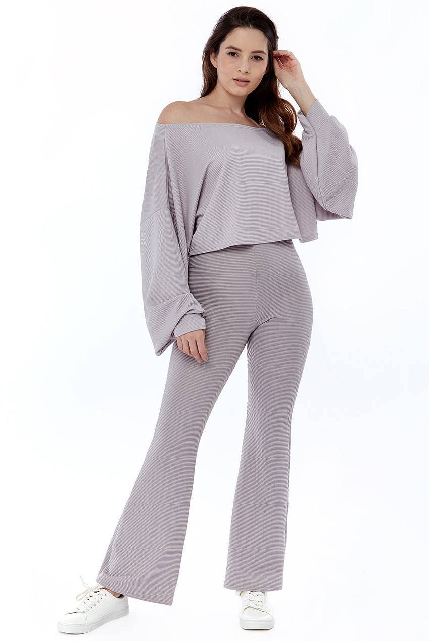 AVINCI – wholesale Top & pants set (NOT Loungewear) – Women's – Ribbed Two-Piece Off-the-Shoulder Crop Top Wide Leg Trouser Set3