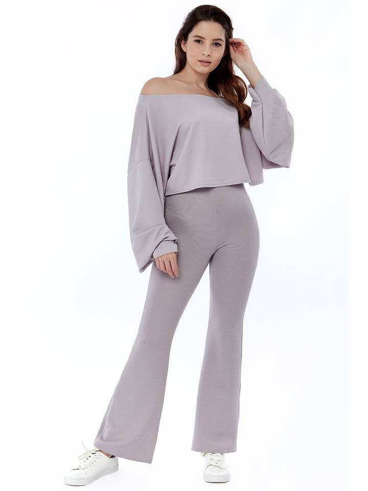 AVINCI – wholesale Top & pants set (NOT Loungewear) – Women's – Ribbed Two-Piece Off-the-Shoulder Crop Top Wide Leg Trouser Set3