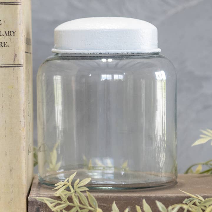 5.5" CLEAR GLASS JAR W/ WHITE LID for wholesale by Ragon House