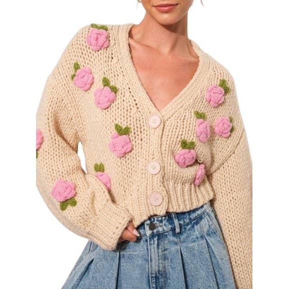 Elegant Oversized Cropped Cardigan with 3D Rose Applique for wholesale by Blue Bunny Inc