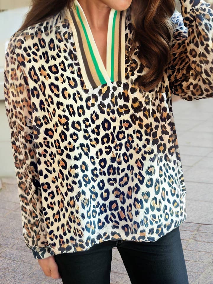 Leopard Print Long Sleeve Striped V Neck Top for wholesale by 1 the Woman
